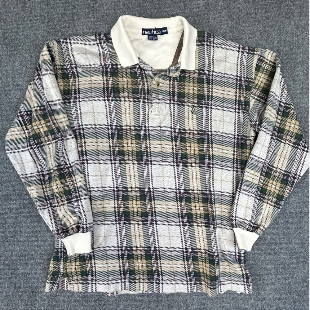Nautica Mens Long Sleeve Plaid Polo Shirt Green Brown White Cotton Size Medium